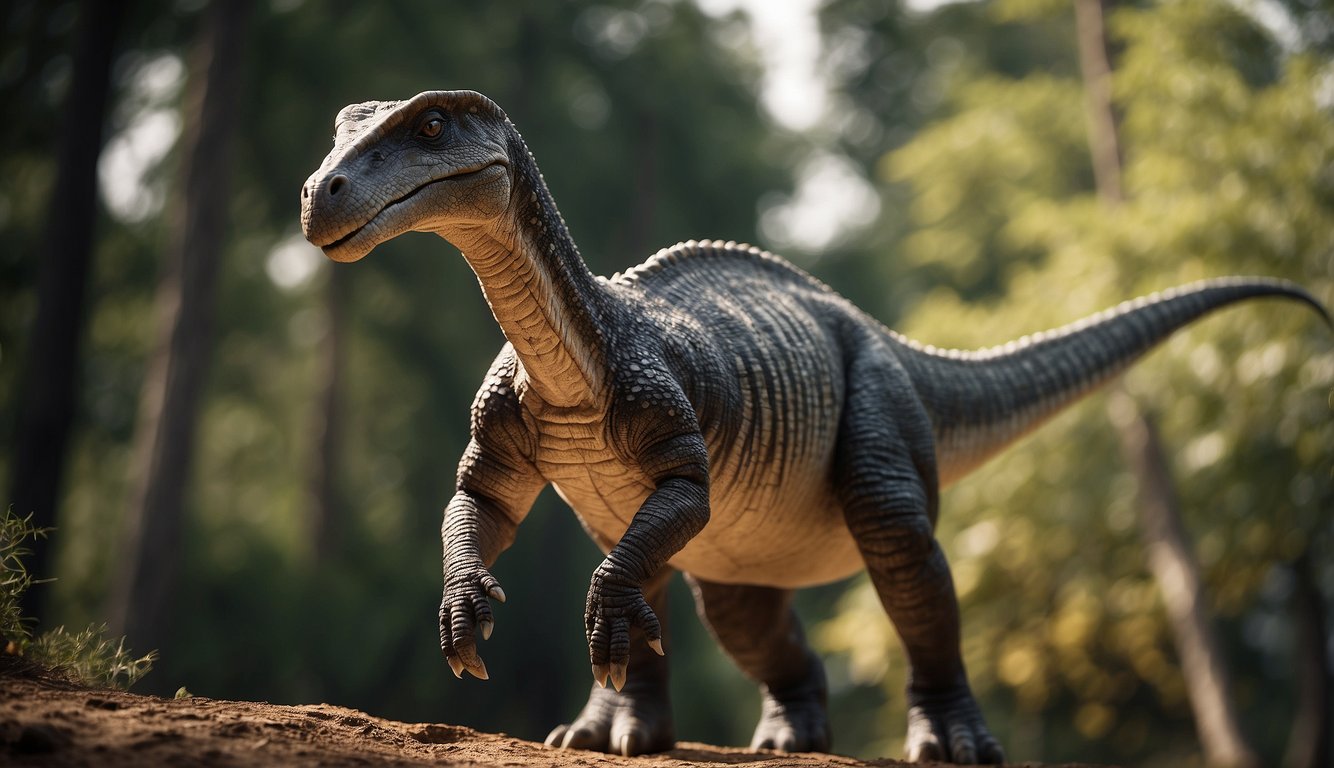 A Lambeosaurus stands tall, its long neck and tail curving gracefully.
Its head crest, resembling a hatchet or a hockey stick, sets it apart from other dinosaurs