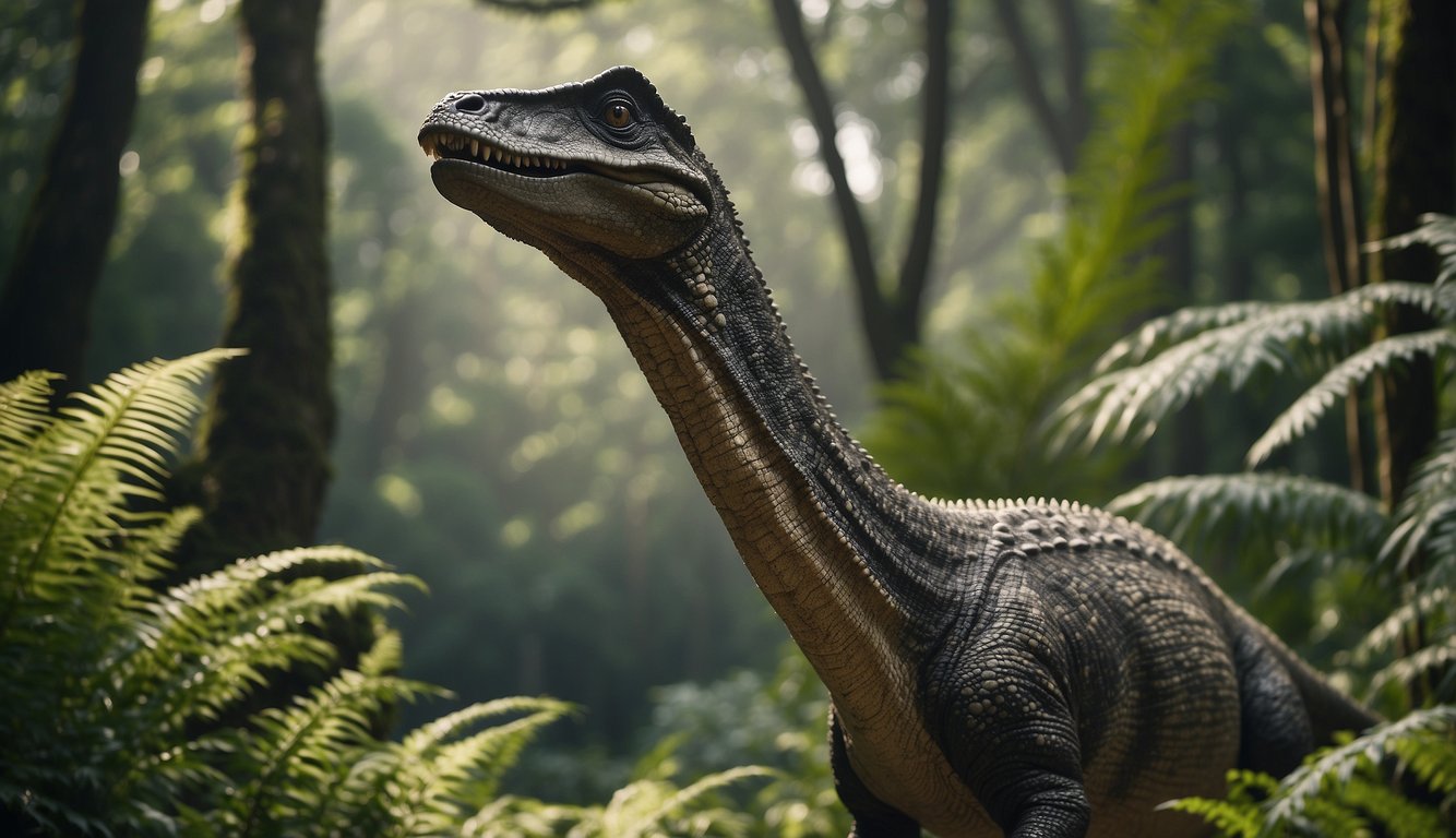 A Lambeosaurus stands tall, its unique head crest on display.
It grazes peacefully in a lush prehistoric landscape, surrounded by towering ferns and ancient trees