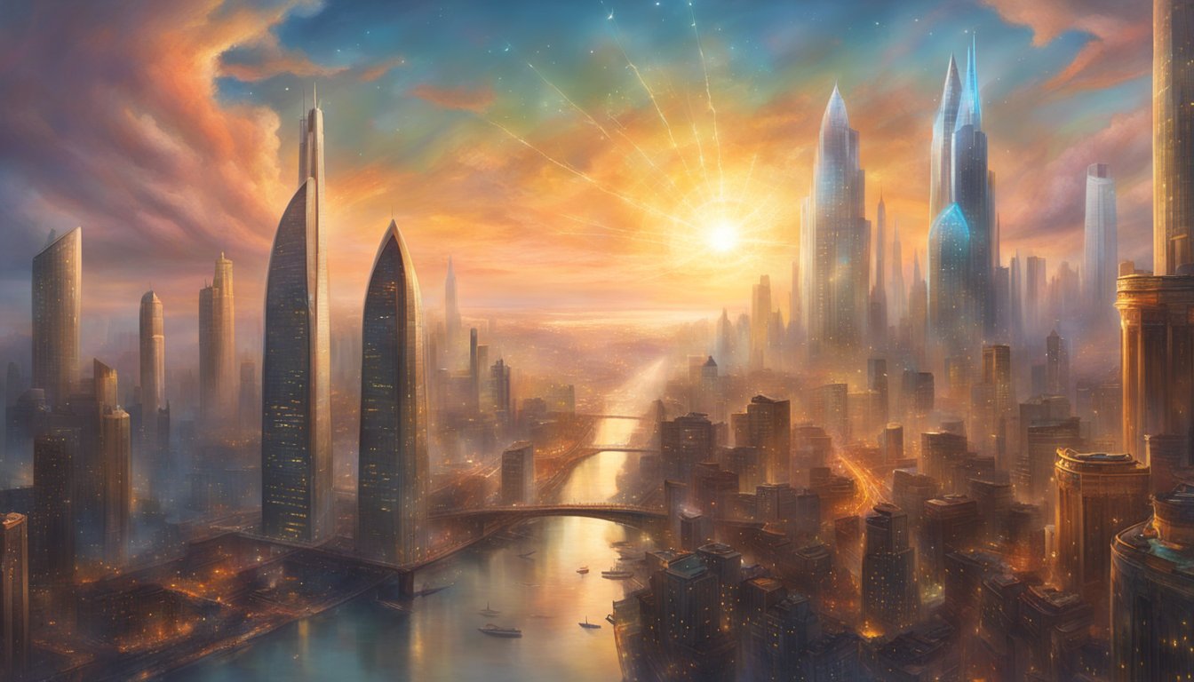 A bustling city skyline with skyscrapers and a busy financial district, representing Sam Sulek's successful business ventures and high net worth