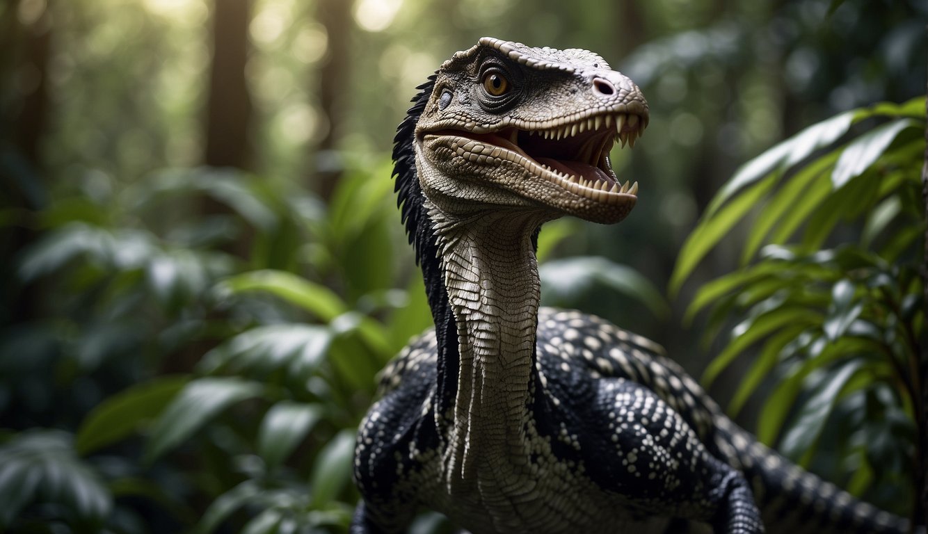 A velociraptor stands tall, its sharp claws extended, as it peers out from dense jungle foliage.

Its sleek, feathered body exudes power and intelligence