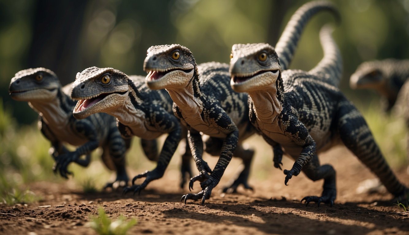 A group of Velociraptors hunt together, displaying their keen intelligence and agility.

Their sleek bodies and sharp claws are highlighted as they move with precision and coordination