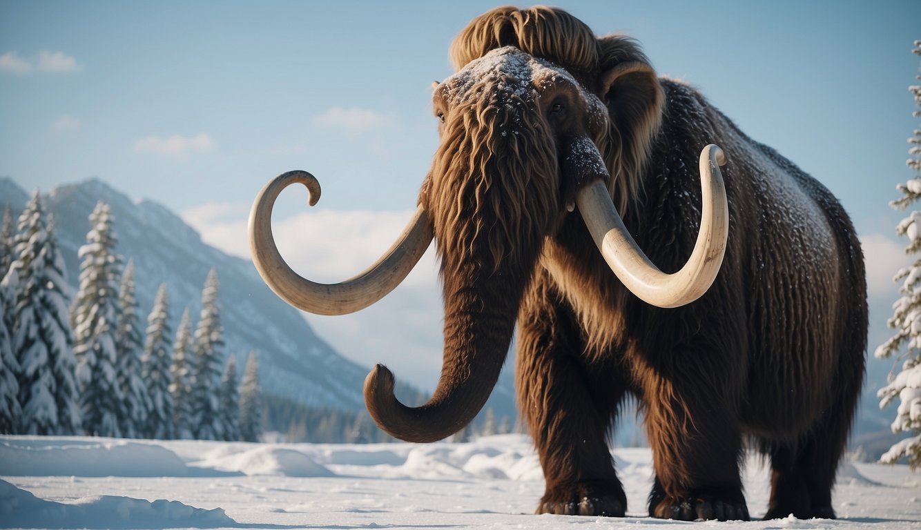 A woolly mammoth stands in a snowy, icy landscape, its long, shaggy fur blowing in the wind.

The massive creature's tusks curve outward, and its trunk is raised as it trumpets loudly