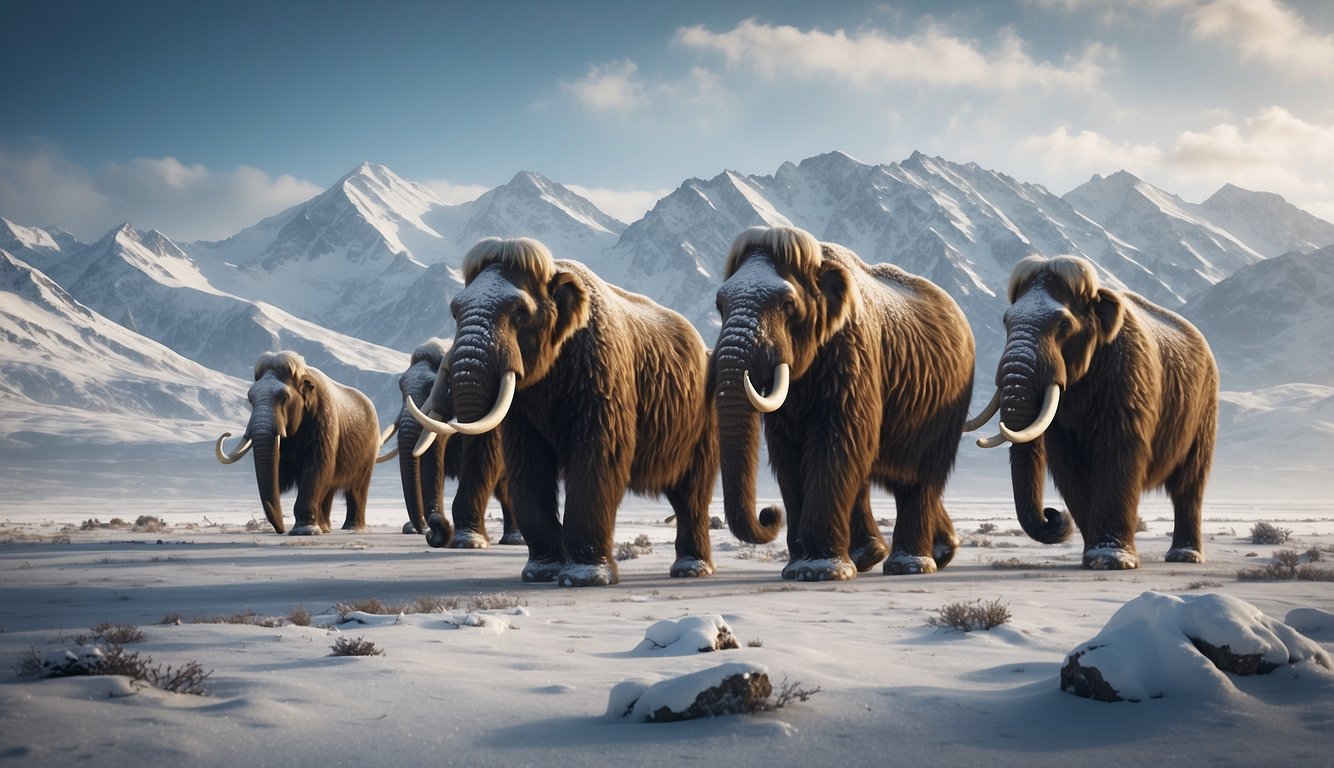 A herd of woolly mammoths roam across a frozen tundra, their long, shaggy coats swaying in the icy wind as they search for food.

Snow-covered mountains loom in the distance, and the sky is filled with swirling