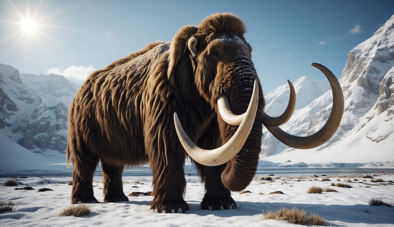 A woolly mammoth emerges from a snowy landscape, its long tusks and shaggy fur standing out against the icy backdrop.

The massive creature appears both majestic and ancient, evoking a sense of wonder and mystery