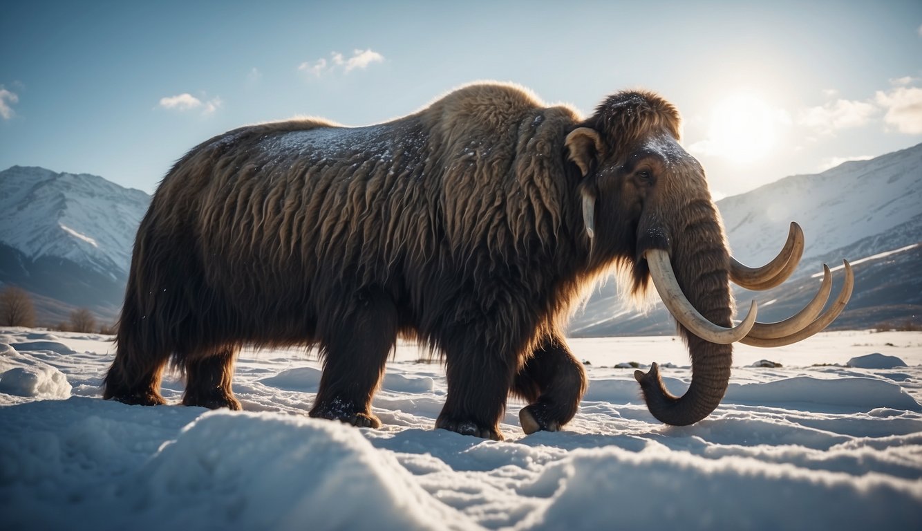A massive woolly mammoth emerges from the icy tundra, tusks glistening in the sunlight, as it shakes off snow and ice, coming to life once again