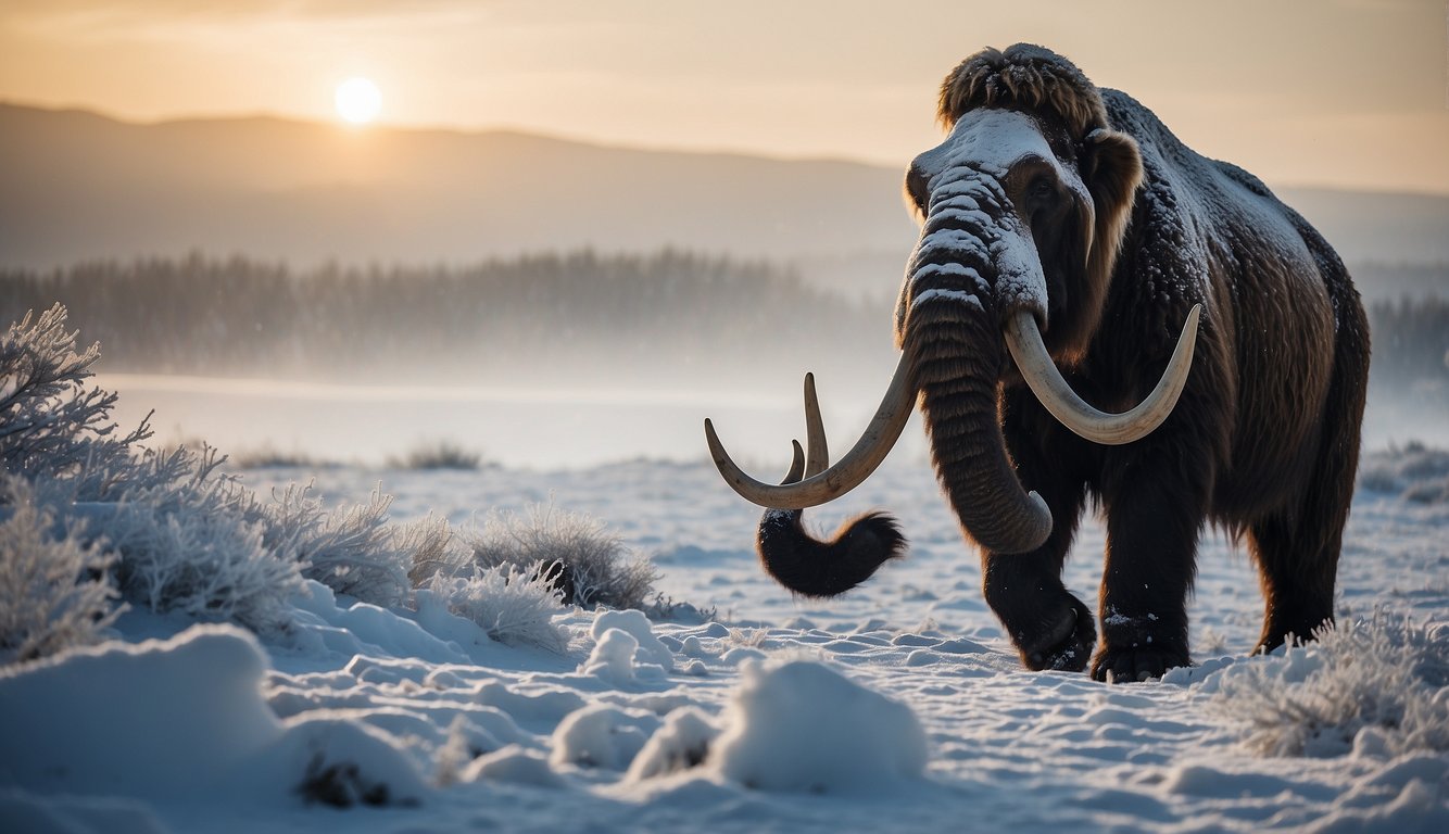 A woolly mammoth stands in a snowy landscape, tusks jutting out.

Its thick fur is covered in frost, and its large, powerful frame exudes an air of ancient strength