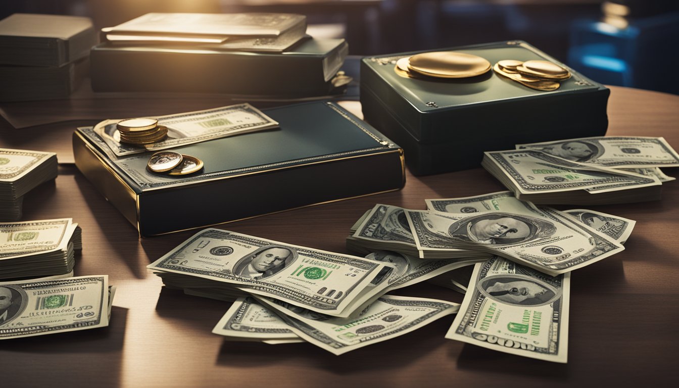 A stack of cash and a collection of music awards sit on a lavish desk, symbolizing Sam Cooke's impressive net worth