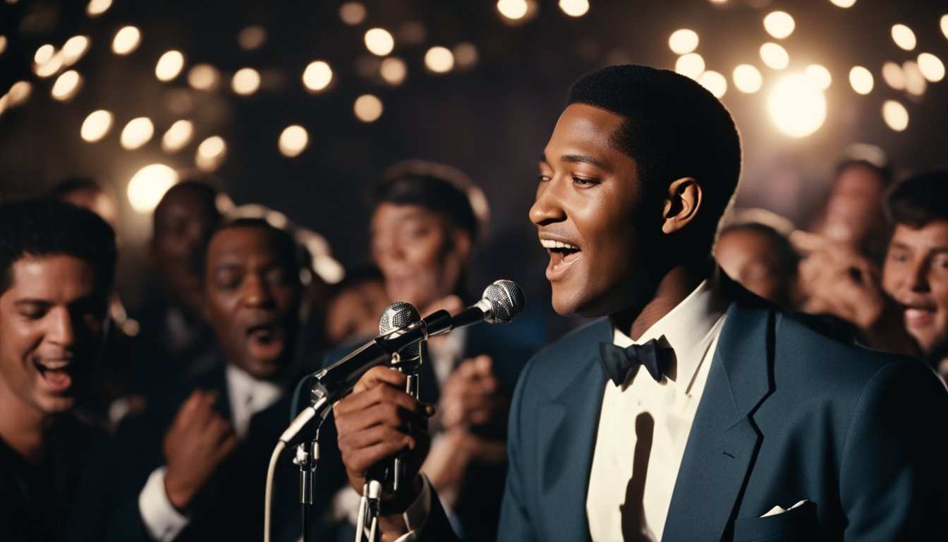 A young Sam Cooke performs at a small club, captivating the audience with his soulful voice and charismatic stage presence. The crowd is entranced as he sings his way to stardom