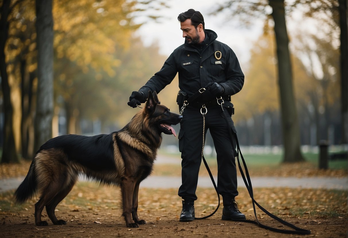 A Belgian shepherd is being gently restrained and guided by a handler, using a leash and collar. The dog's body language shows alertness and willingness to cooperate