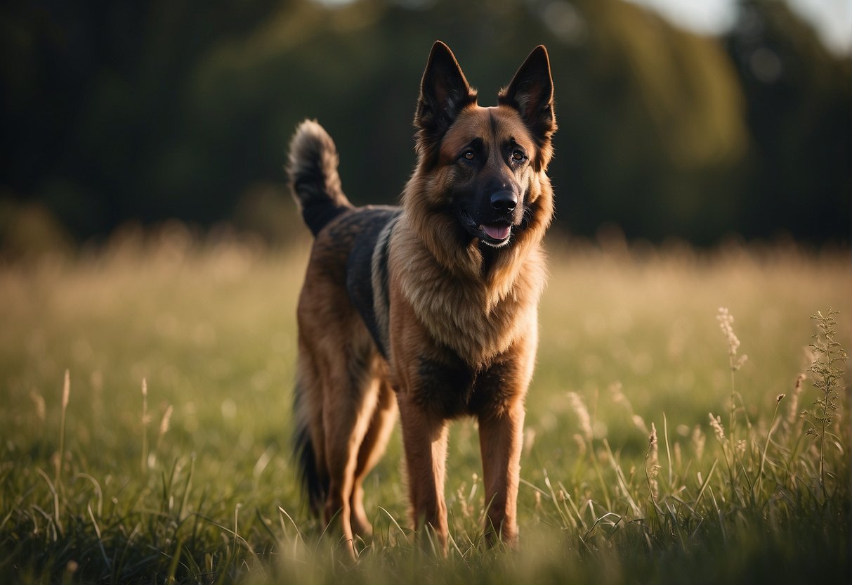 A Belgian shepherd stands alert, ears perked, in a grassy field. Its fur ripples in the wind as it gazes ahead with an intense, focused expression