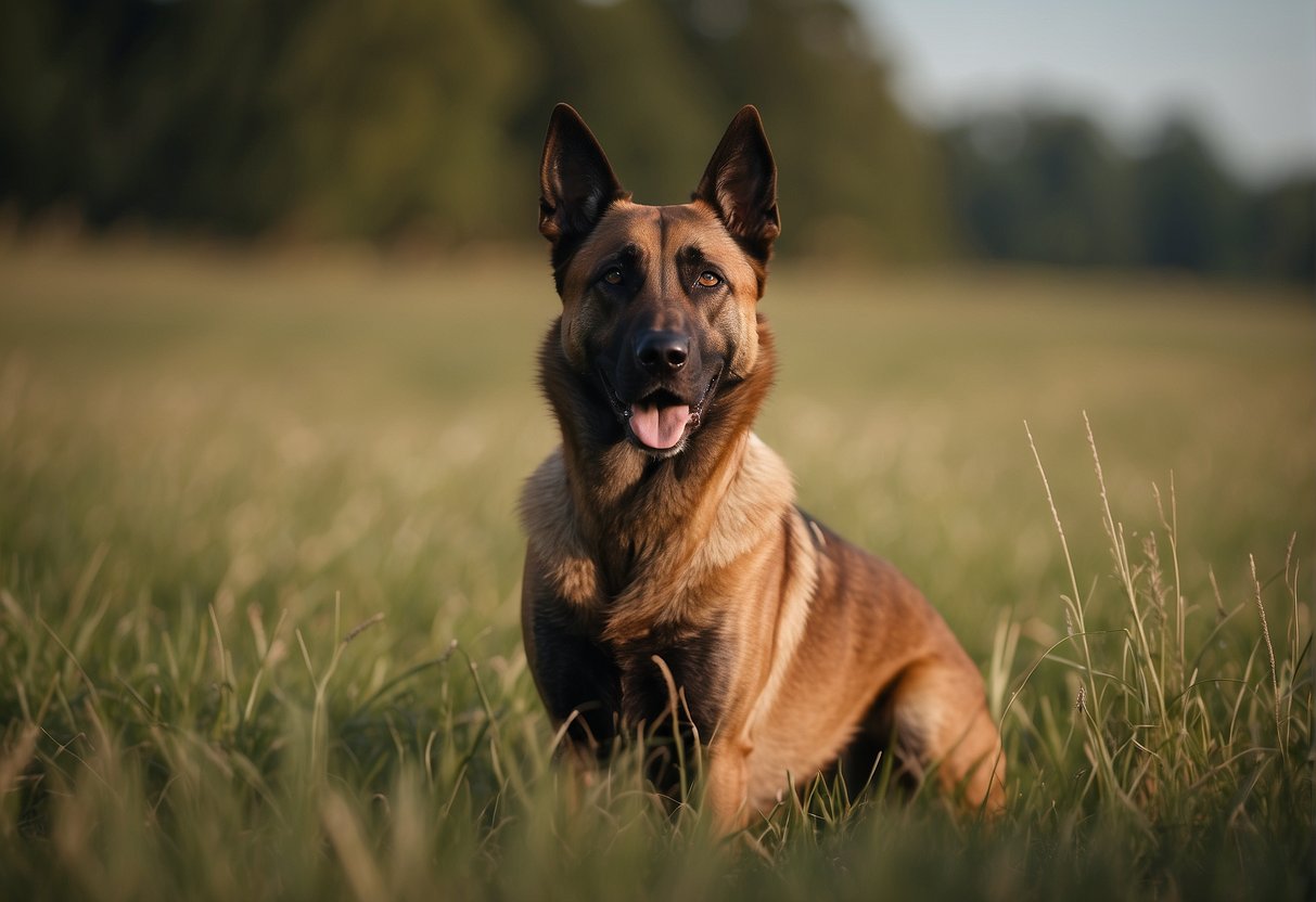 A Belgian Malinois shepherd stands proudly in a grassy field, alert and attentive, with a strong and muscular physique