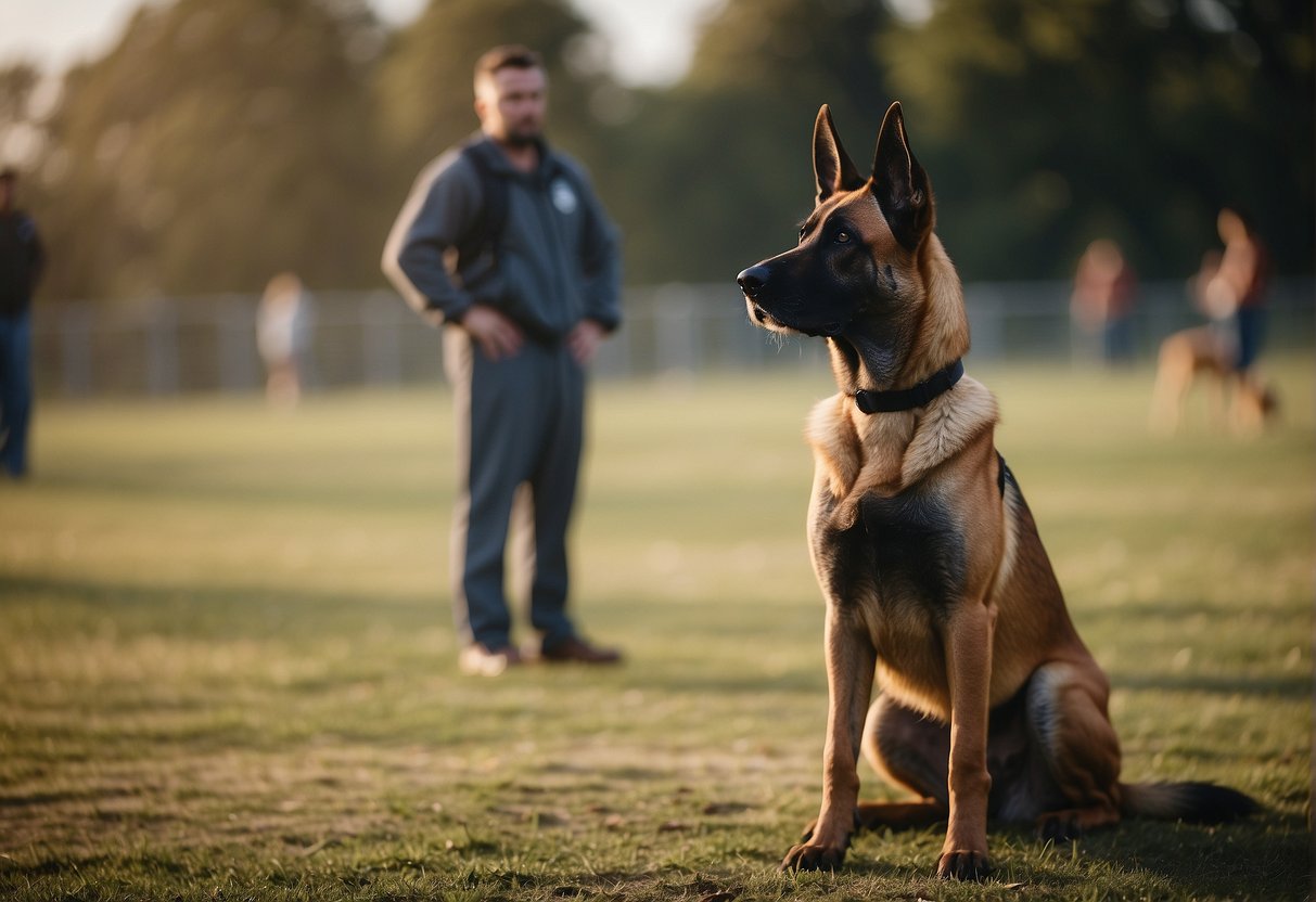 A Malinois dog stands alert, ears perked, in a training field. A handler looks on, while a crowd watches from a distance