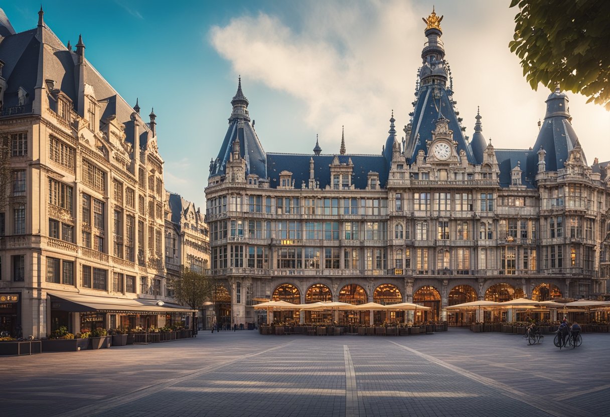 A colorful digital illustration of 5 iconic Belgian landmarks, such as the Atomium, Grand Place, and Antwerp Central Station, with the words "5 Meilleurs Casinos en Ligne Belgique" displayed prominently in the foreground