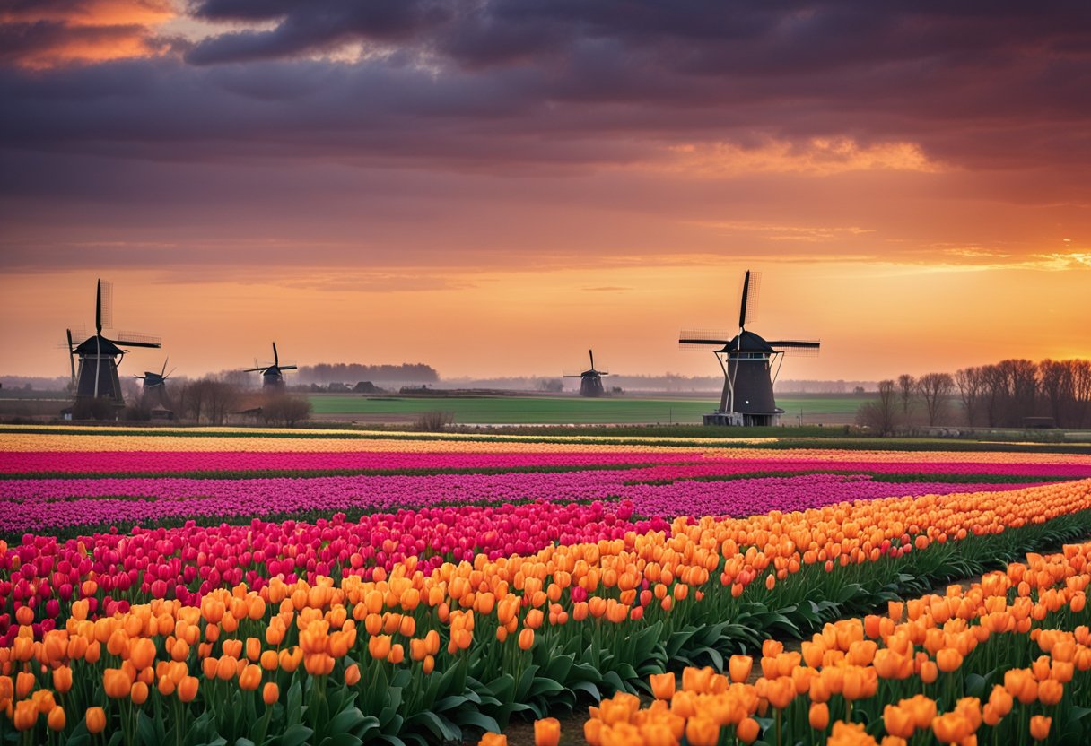 The Iconic Windmills of the Netherlands - The iconic windmills stand tall against a colorful sunset, their large blades slowly turning as they harness the power of the wind. The surrounding landscape is dotted with tulip fields and picturesque canals