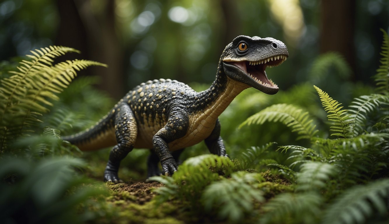 A small Fabrosaurus stands among lush ferns, its long neck reaching for tender leaves.

Its round eyes peer curiously at the prehistoric world around it
