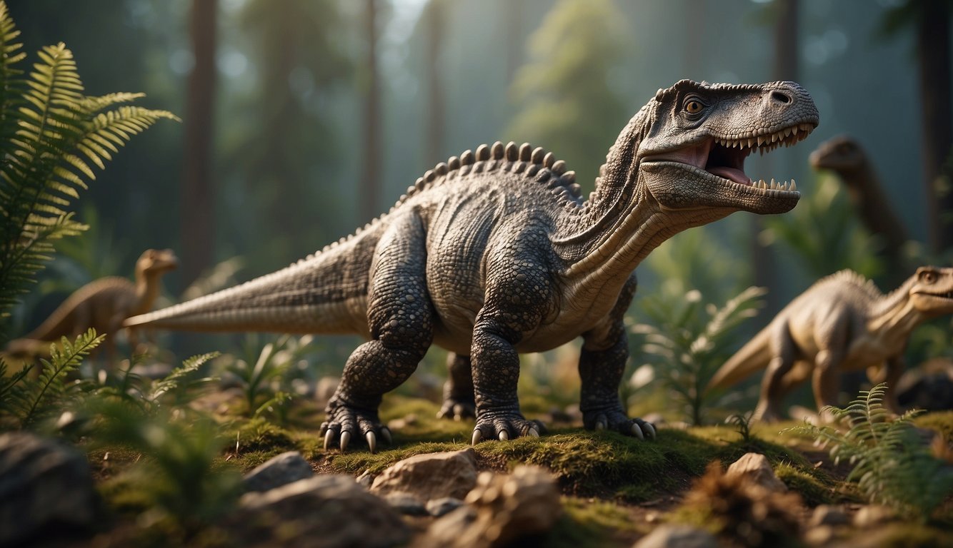 Fabrosaurus stands among a group of diverse dinosaurs, showcasing its small size but significant impact on the prehistoric world