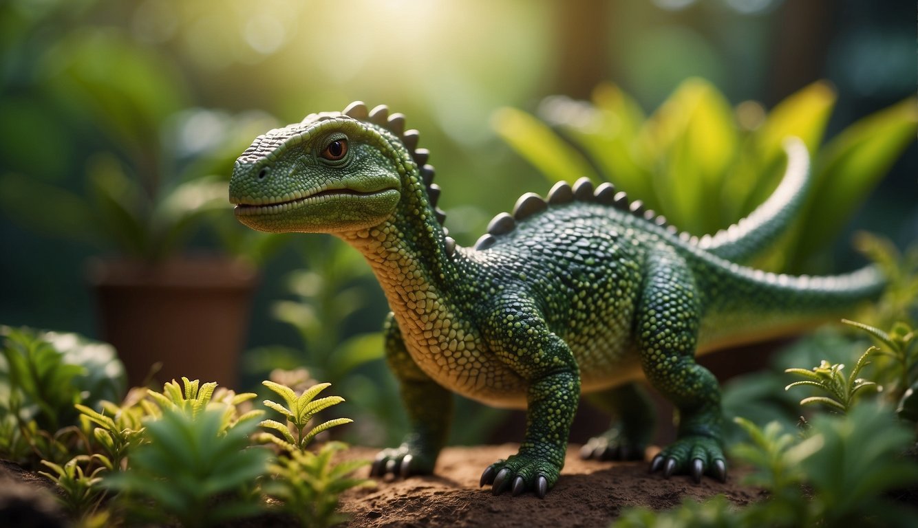 A small Fabrosaurus stands among towering prehistoric plants, gazing curiously at the world around it.

Its vibrant green scales catch the sunlight, and its long tail curves gracefully behind it
