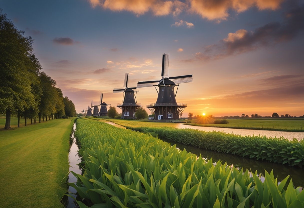 The Iconic Windmills of the Netherlands: A Fusion of Dutch Legacy and Technical Marvels  - A row of iconic Dutch windmills stand tall against a colorful sunset sky, surrounded by lush green fields and a peaceful canal