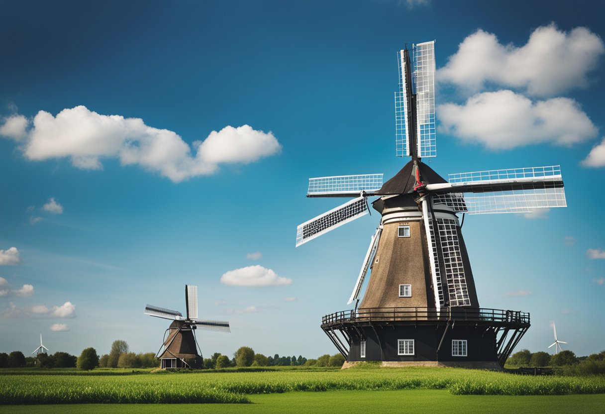 The Iconic Windmills of the Netherlands: A Fusion of Dutch Legacy and Technical Marvels - The iconic windmills of the Netherlands stand tall against a picturesque backdrop of lush green fields and a clear blue sky, their large sails turning gracefully in the wind