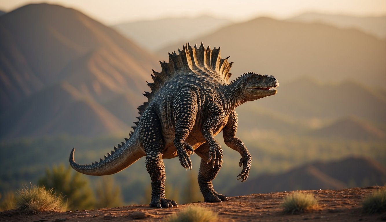 A Hesperosaurus stands tall on its hind legs, its spiky back protruding against a backdrop of western landscapes
