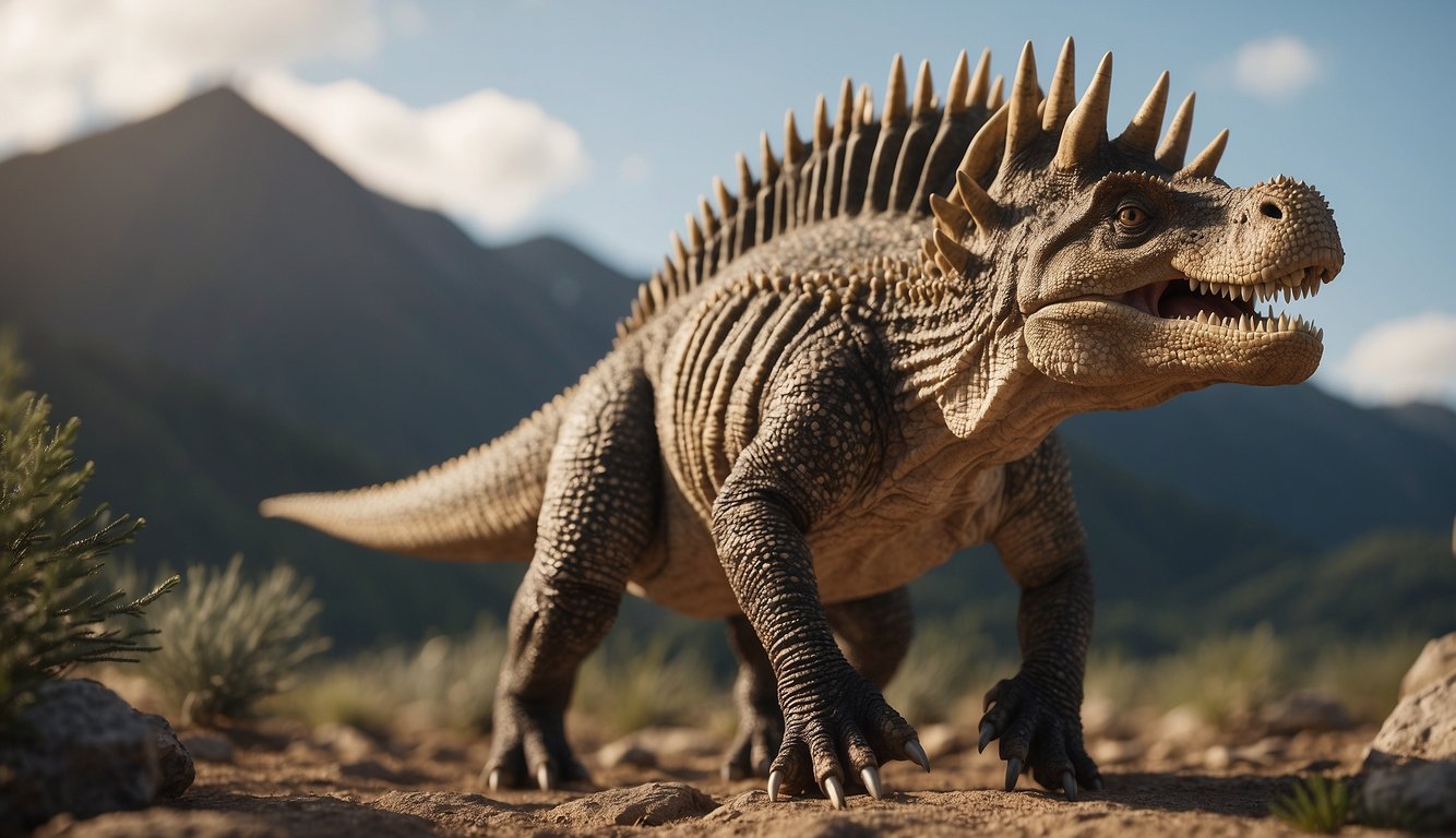 A Hesperosaurus stands tall, its spiky back protruding menacingly.

Its long tail sways as it surveys the prehistoric landscape