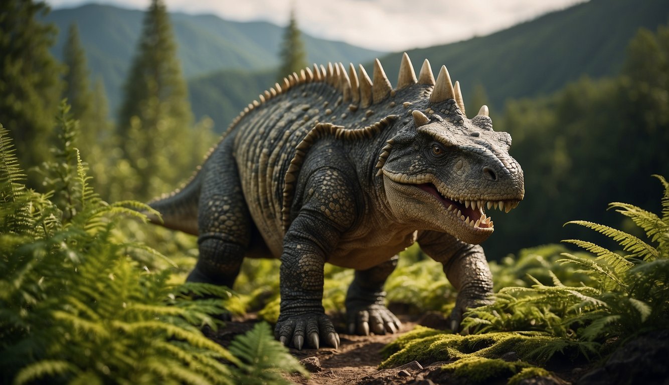 A Hesperosaurus roams a lush, prehistoric landscape, its spiky back blending into the rocky terrain.

It grazes on low-lying vegetation, surrounded by towering ferns and ancient conifers