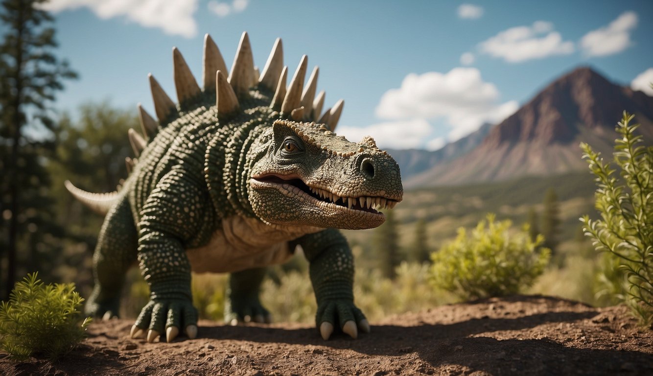 A Hesperosaurus stegosaur roams the prehistoric western landscape, its spiky back towering over the surrounding vegetation