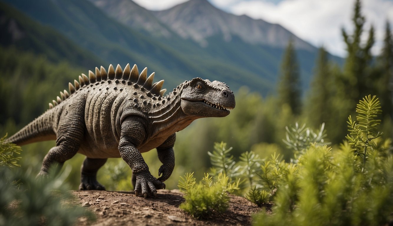A Hesperosaurus roams the Western landscape, its spiky back towering above the surrounding foliage