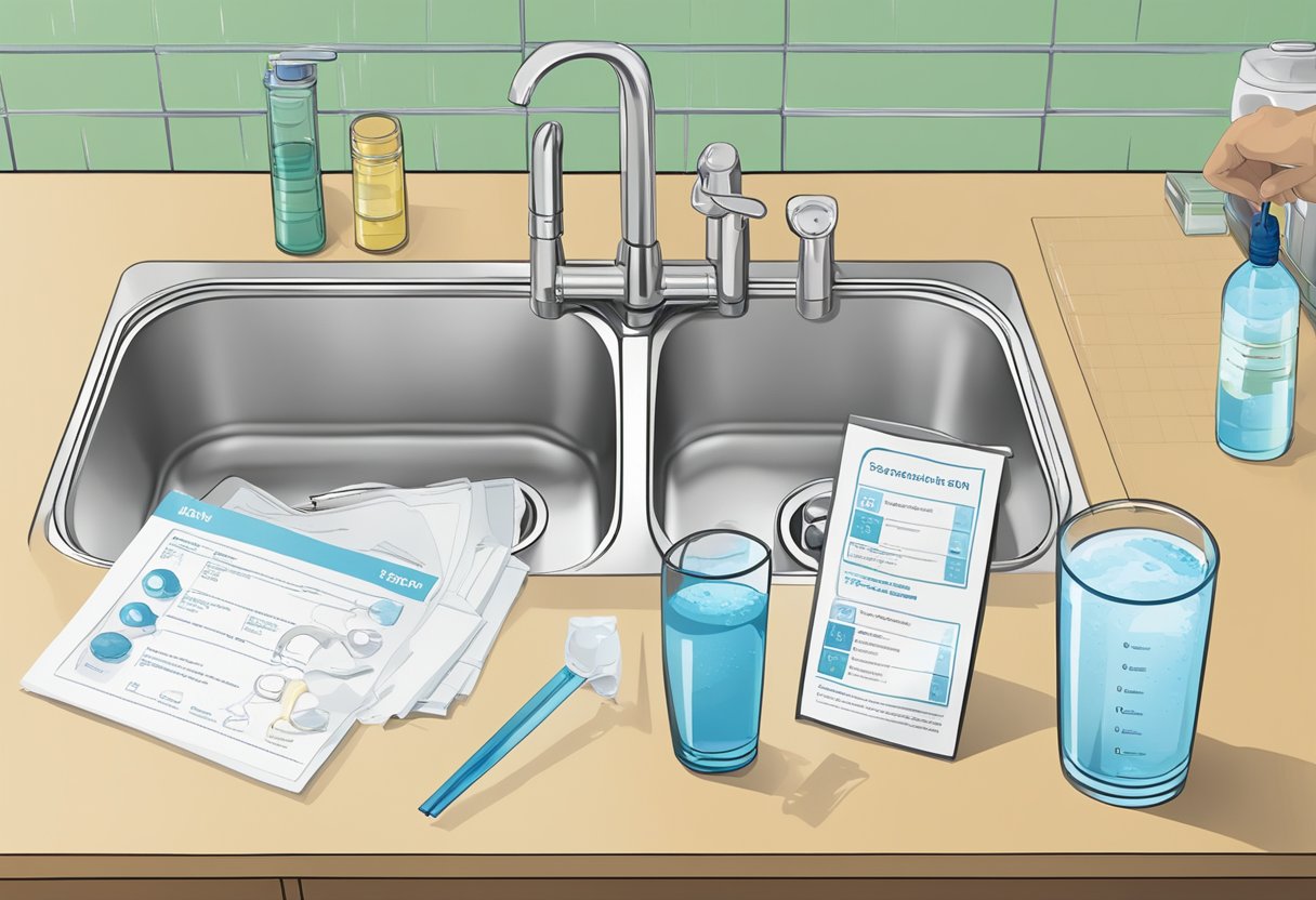 A water quality testing kit is laid out on a kitchen counter, next to a glass of water and a faucet. A checklist of steps is visible, with a hand reaching for the kit