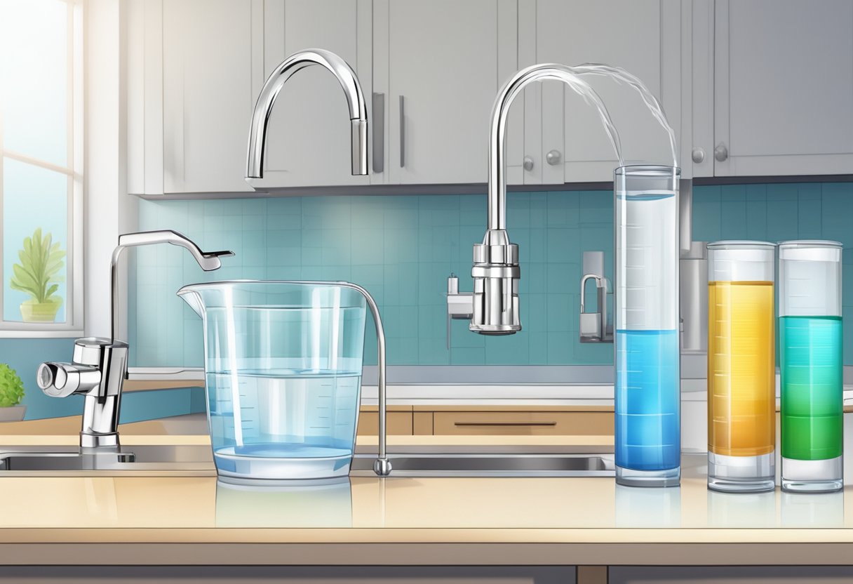 A clear glass of water sits on a kitchen counter. A water testing kit and a checklist are nearby. The faucet is running in the background