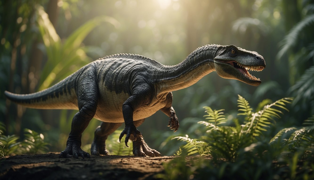 A Jeholosaurus stands on its hind legs, its bird-like features and long tail clearly visible.

The dinosaur is surrounded by lush vegetation, giving the scene a sense of ancient China
