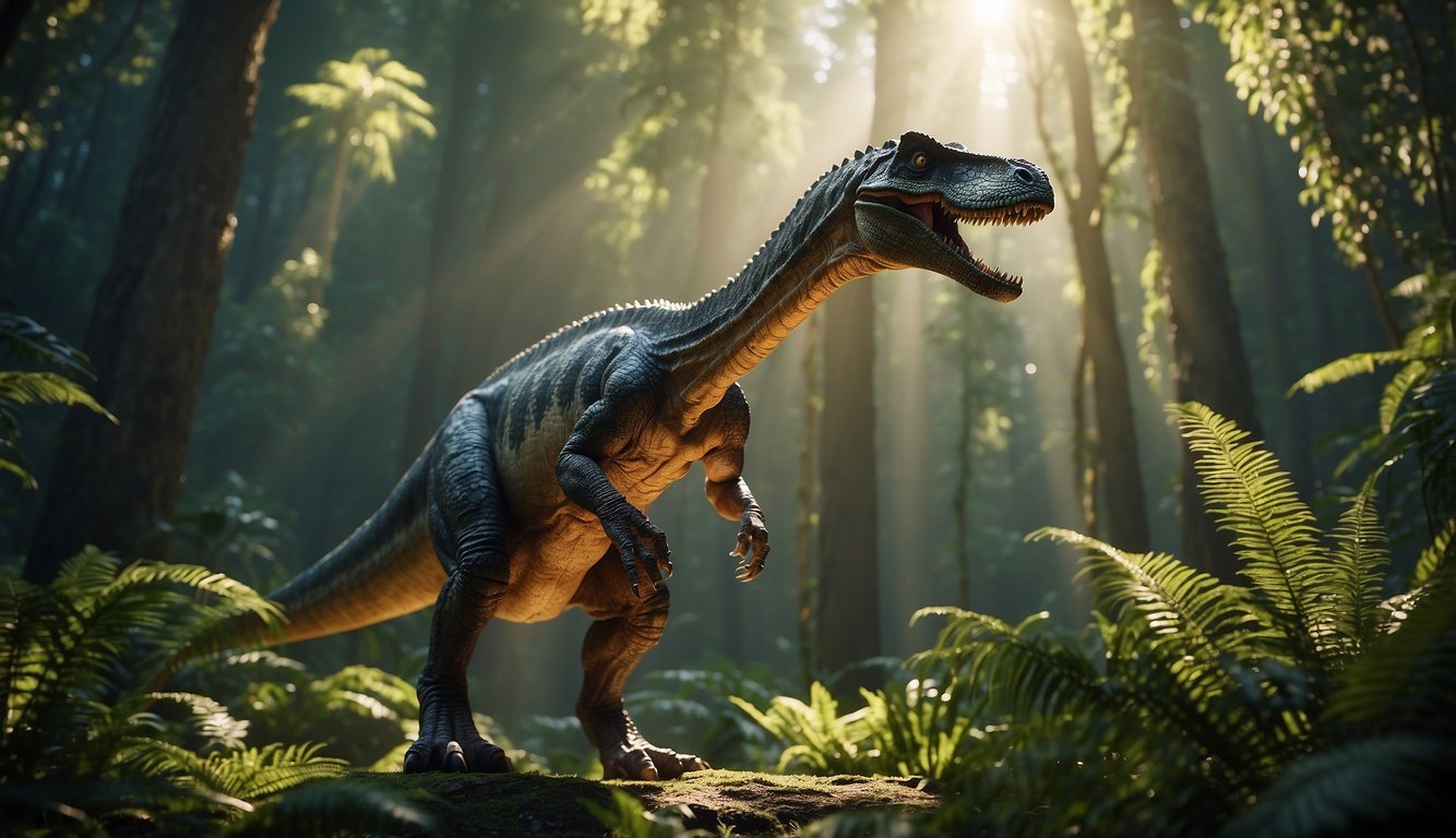 Jeholosaurus stands tall in a lush prehistoric forest, its bird-like features and long tail on display.

The sun filters through the trees, casting a warm glow on the ancient dinosaur