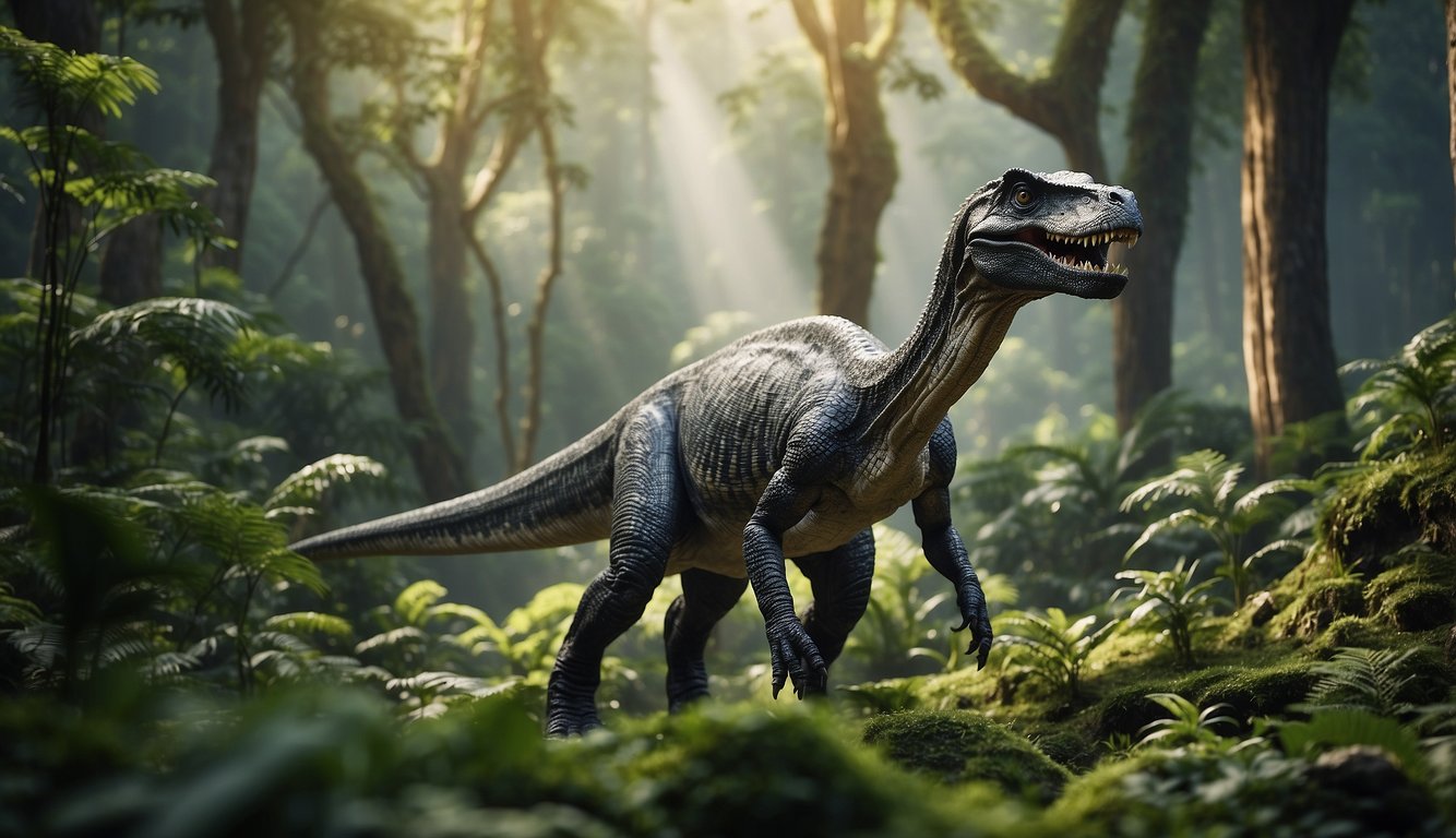 A Jeholosaurus stands in a lush ancient Chinese forest, its bird-like features and small size contrasting with the towering trees.

The dinosaur's sharp beak and delicate feathers are prominent