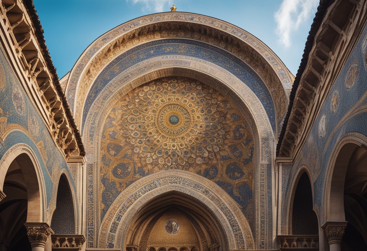 The Mosaic Art of the Byzantine Empire: Unveiling Timeless Splendour - A grand mosaic of Byzantine architecture, featuring intricate patterns and vibrant colors, adorning the walls of a majestic cathedral