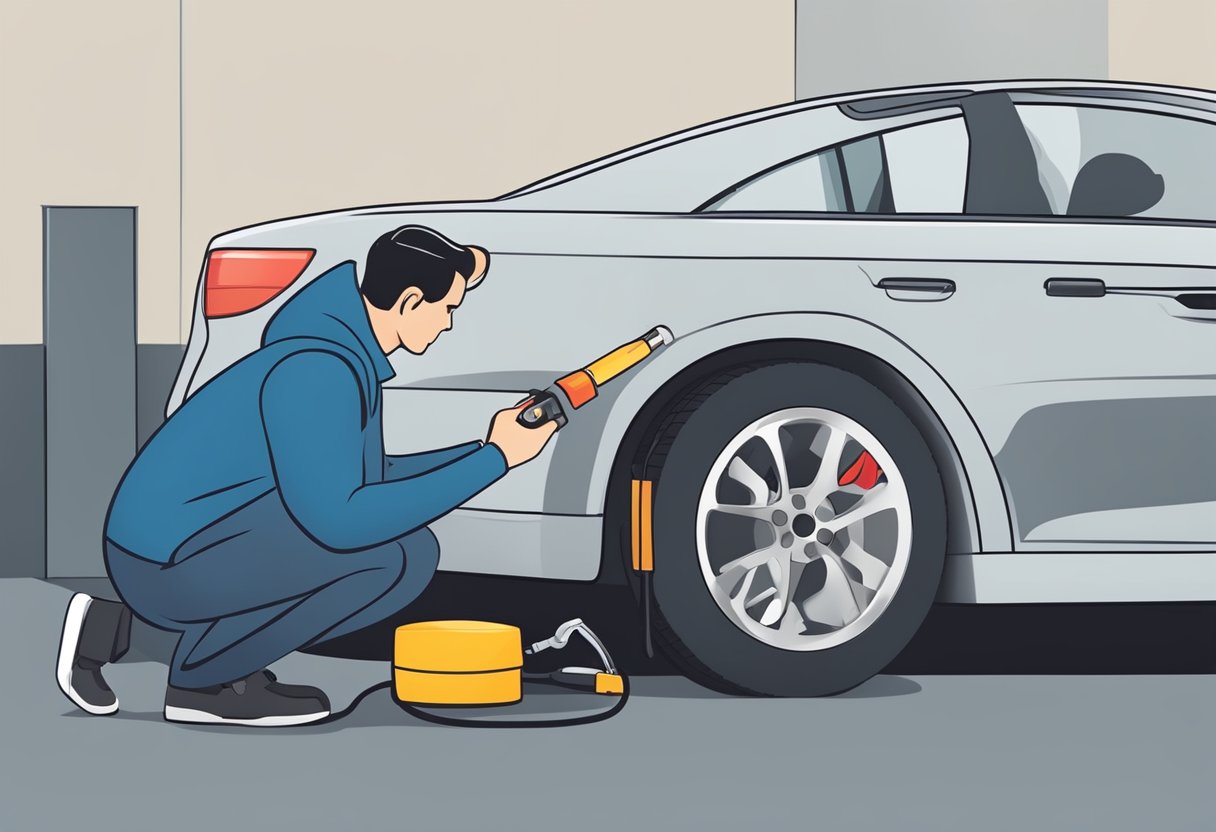 A person using a tire pressure gauge to check a car's tire pressure. The gauge is pressed against the tire valve while the person looks at the reading