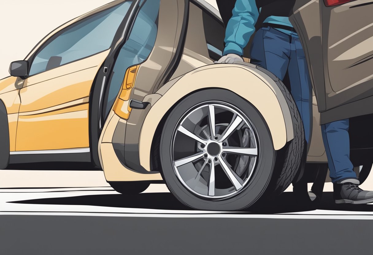 A car parked on the side of the road, with a close-up of the tires being checked for wear and tear