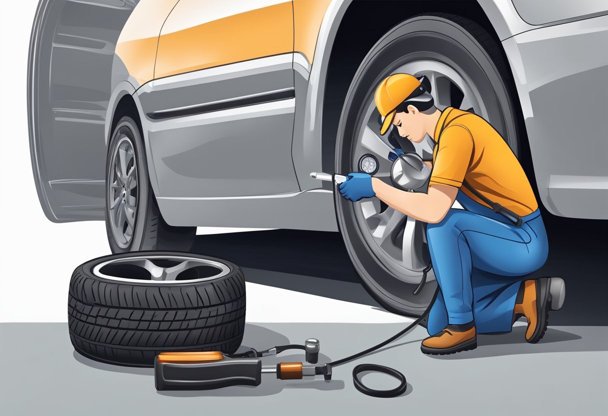 A mechanic quickly checks car tire condition using a pressure gauge and tread depth tool