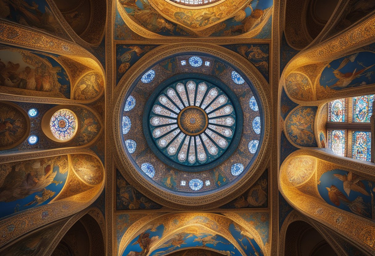 The Mosaic Art of the Byzantine Empire: Unveiling Timeless Splendour - Vibrant mosaic patterns of birds, flowers, and geometric shapes adorn the walls and ceilings of a grand Byzantine cathedral. Rich colors and intricate details create a mesmerizing display of artistic skill and cultural significance
