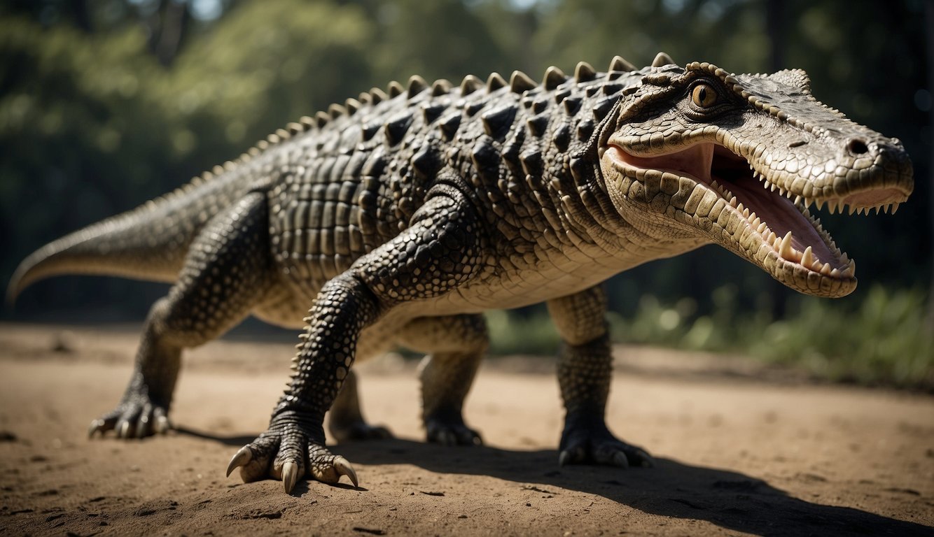A Kaprosuchus stands on four legs, its body resembling a crocodile's. It has a long snout with tusk-like teeth, and its overall appearance is similar to that of a boar