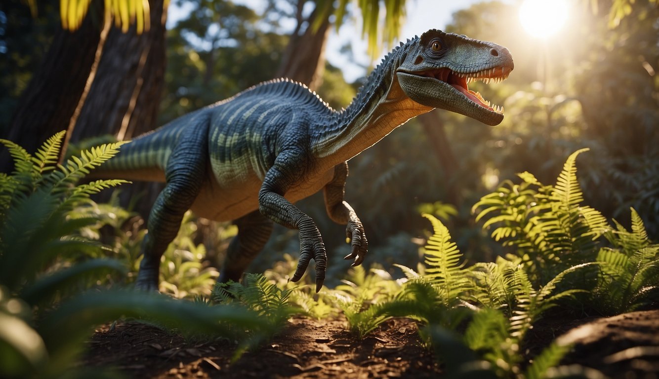 Leaellynasaura roams through the prehistoric forest, its vibrant feathers catching the light as it navigates the dense foliage.

The sun sets, casting long shadows as the dinosaur continues to forage for food