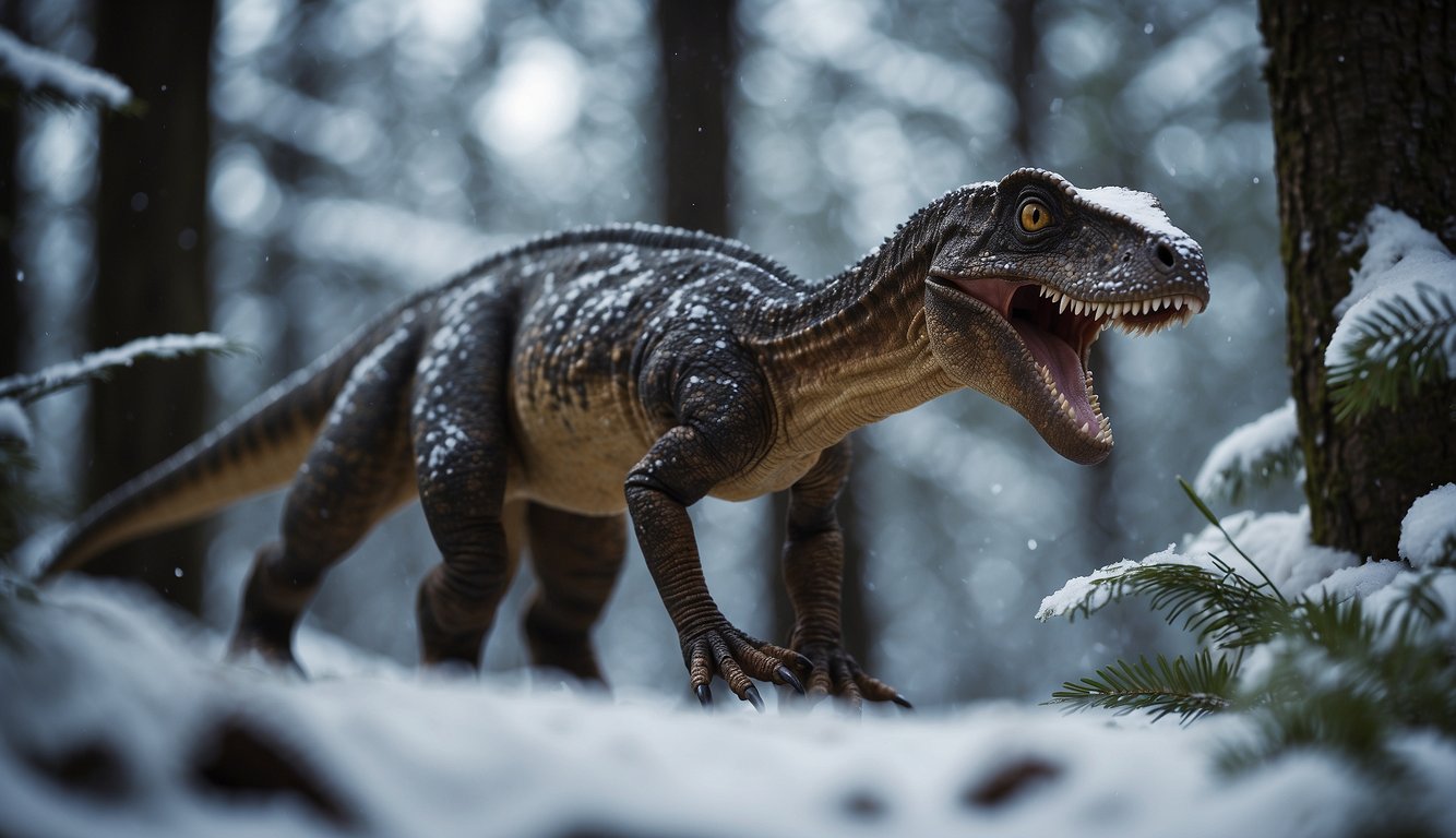 A small Leaellynasaura dinosaur cautiously emerges from a dark, snowy forest, its bright eyes scanning the surroundings for signs of danger