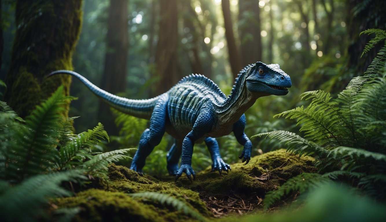 A Leaellynasaura dinosaur roams through a lush prehistoric forest, surrounded by ferns and ancient trees.

Its vibrant green and blue feathers shimmer in the sunlight, showcasing its adaptation to the polar darkness