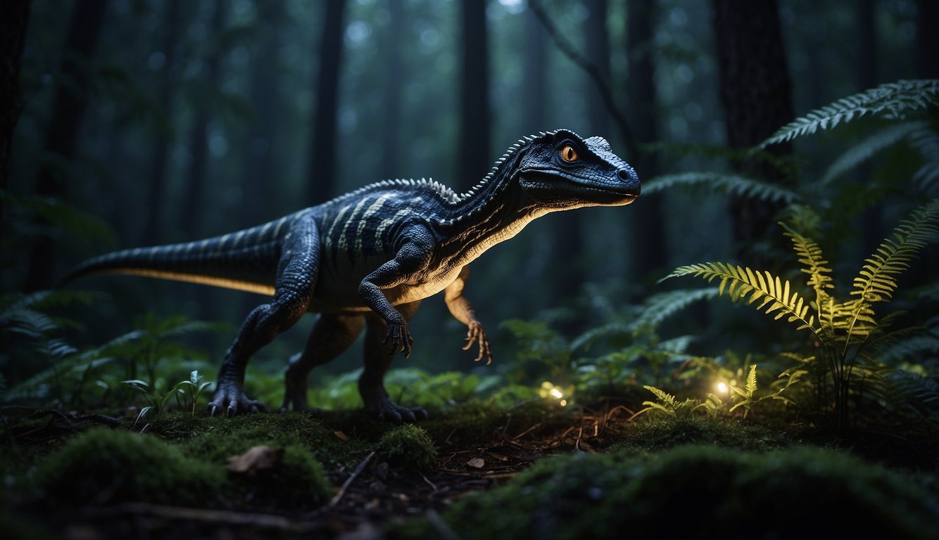 Leaellynasaura stands in a dark forest, its eyes wide and alert.

The glow of its bioluminescent markings illuminates the surrounding foliage