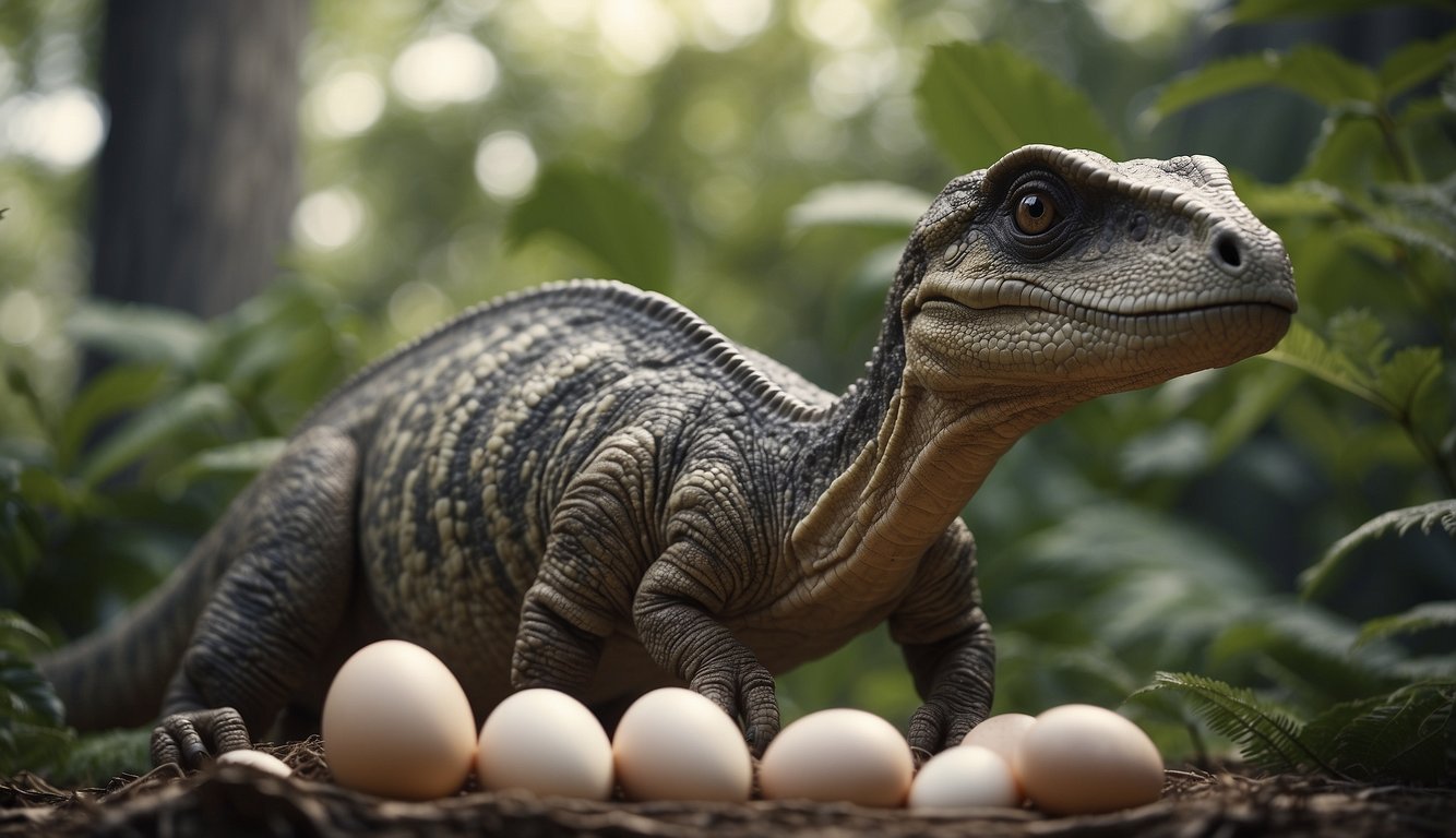 A Maiasaura dinosaur tenderly watches over her nest of eggs, her protective gaze and nurturing demeanor evident as she lovingly cares for her unborn offspring