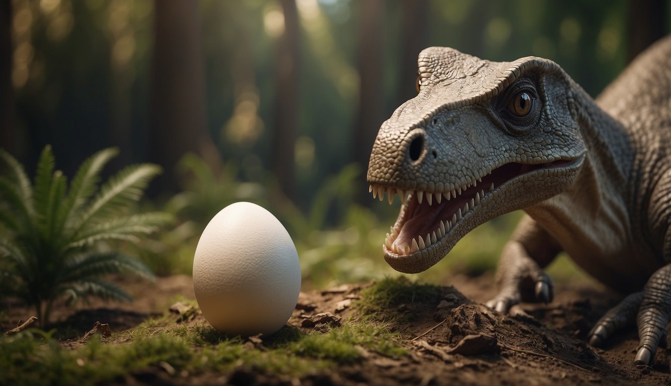 A newly hatched Maiasaura dinosaur emerges from its egg, surrounded by a protective circle of adult Maiasaura.

The young dinosaur looks up at its mother with adoration and trust