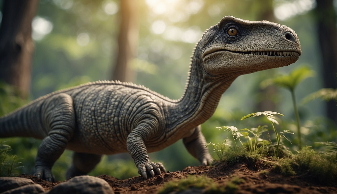 Maiasaura stands over her nest, gently tending to her hatchlings, as they eagerly peck at the vegetation she has gathered for them