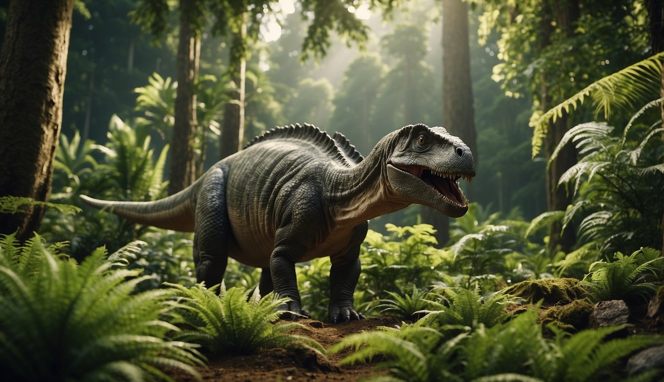 A lush prehistoric landscape with Maiasaura dinosaurs grazing peacefully among towering trees and ferns, surrounded by other ancient creatures
