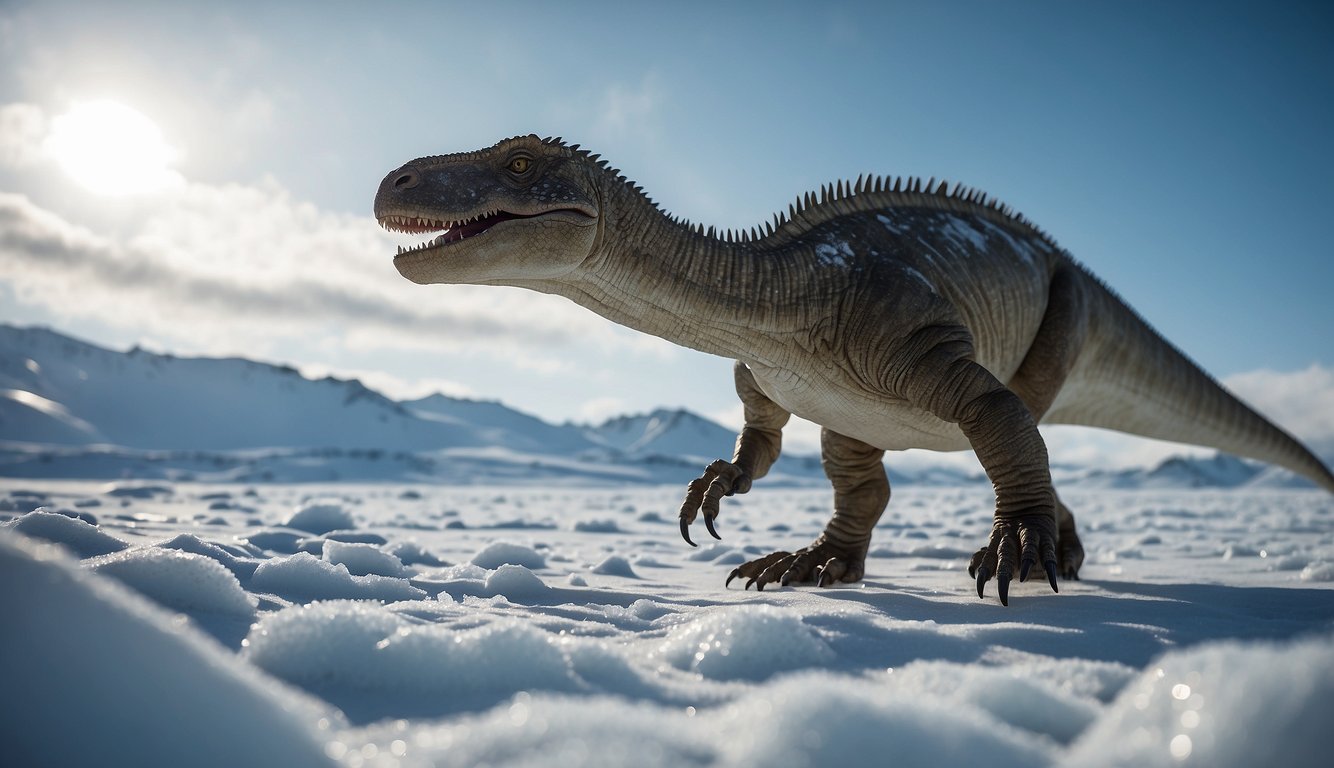 A Nanuqsaurus roams the icy tundra, its massive frame blending into the snowy landscape.

Its sharp teeth gleam in the cold sunlight as it hunts for prey