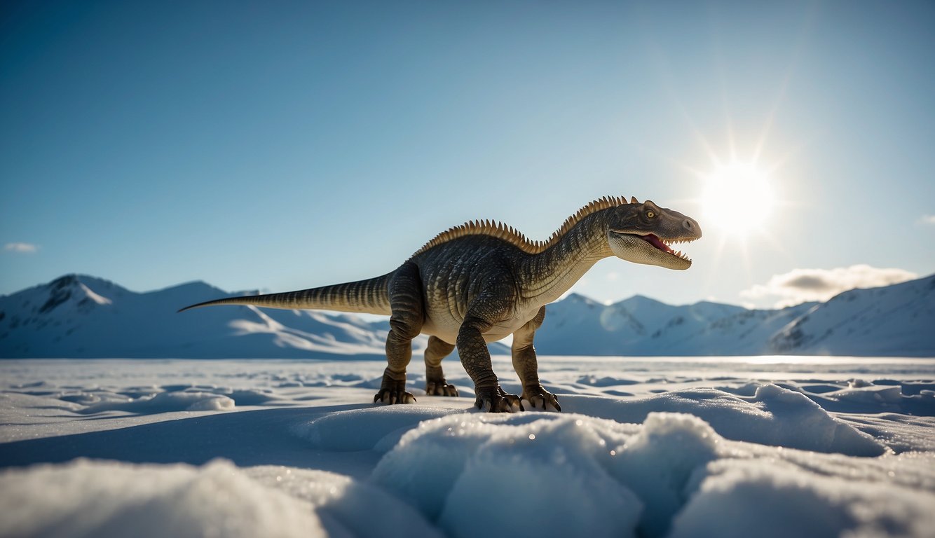 A Nanuqsaurus stalks through the snowy Arctic landscape, its sharp teeth gleaming in the sunlight as it searches for prey