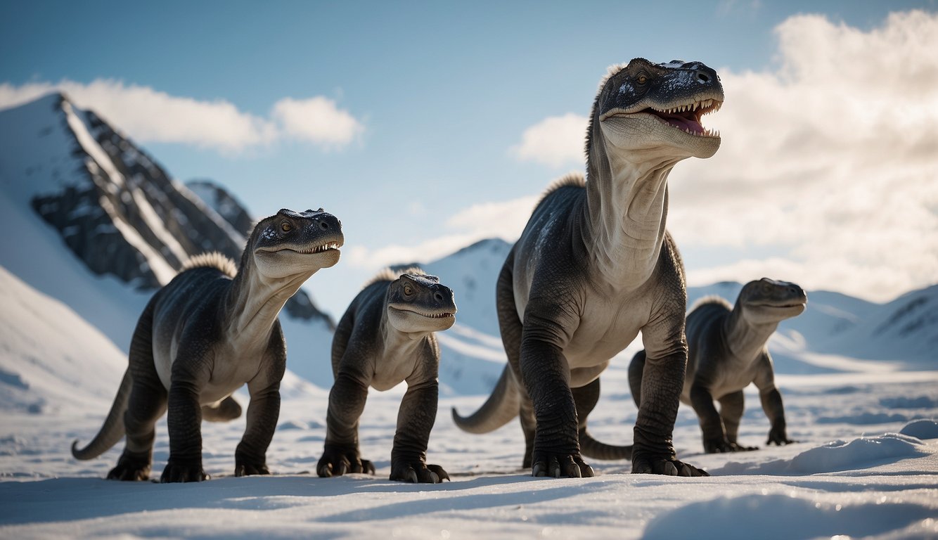 A Nanuqsaurus family, consisting of a large adult and two smaller juveniles, roam the snowy tundra of the Arctic, surrounded by icy cliffs and a frigid, desolate landscape
